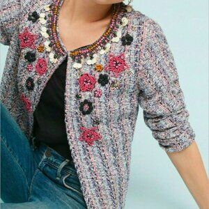 Anthropologie Summer of Love Blue Pink Tweed Embellished Jacket